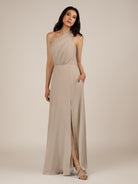 KissDress-Gaura Almond A Line Chiffon One Shoulder Pleated Long Bridesmaid Dress with Slit