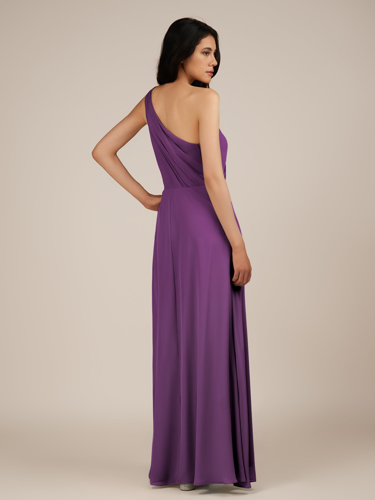 KissDress-Gaura Amethyst A Line Chiffon One Shoulder Pleated Long Bridesmaid Dress with Slit