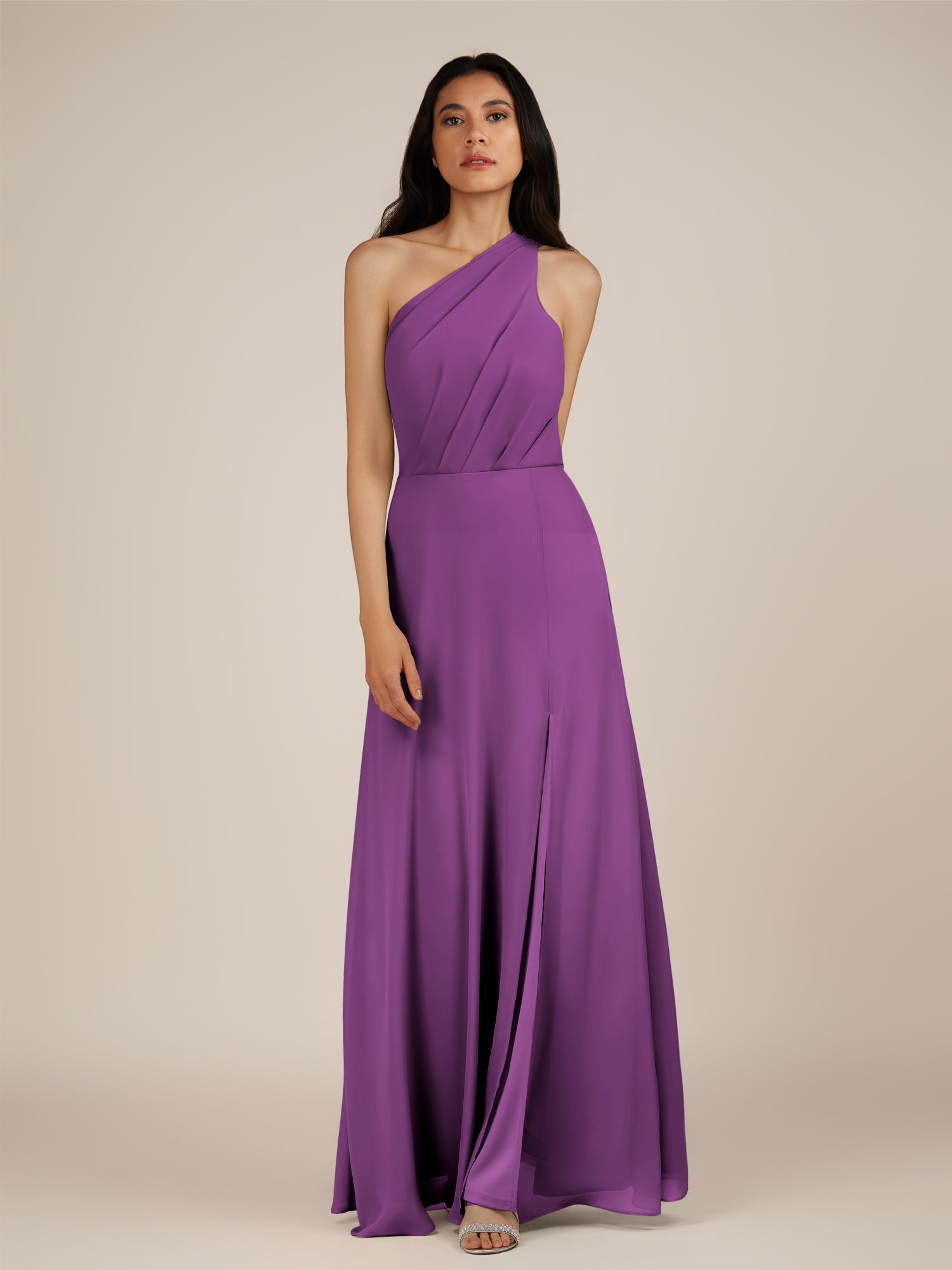 KissDress-Gaura Amethyst A Line Chiffon One Shoulder Pleated Long Bridesmaid Dress with Slit