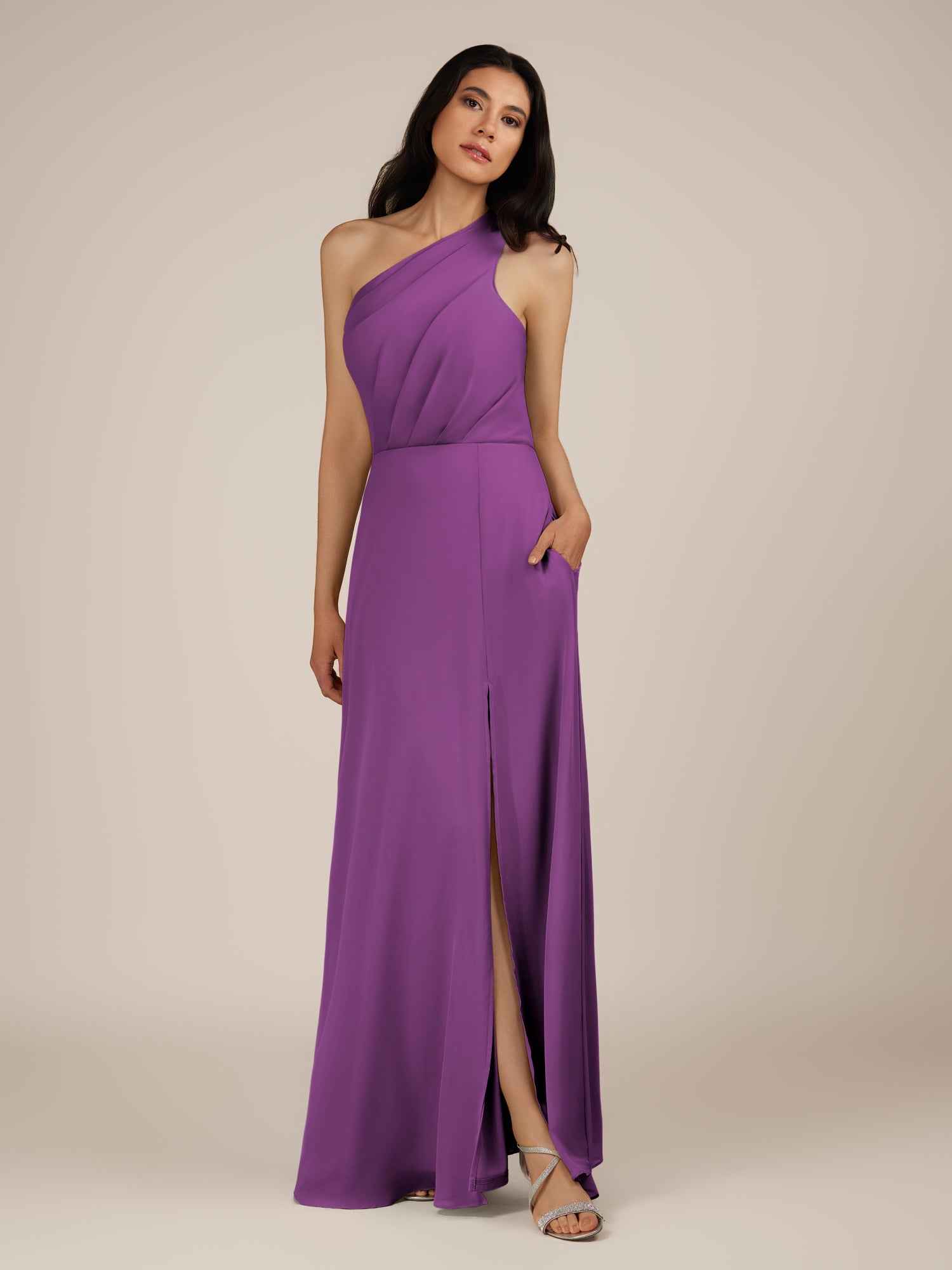 KissDress-Gaura Amethyst A Line Chiffon One Shoulder Pleated Long Bridesmaid Dress with Slit
