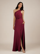 KissDress-Gaura Berry A Line Chiffon One Shoulder Pleated Long Bridesmaid Dress with Slit