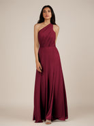 KissDress-Gaura Berry A Line Chiffon One Shoulder Pleated Long Bridesmaid Dress with Slit