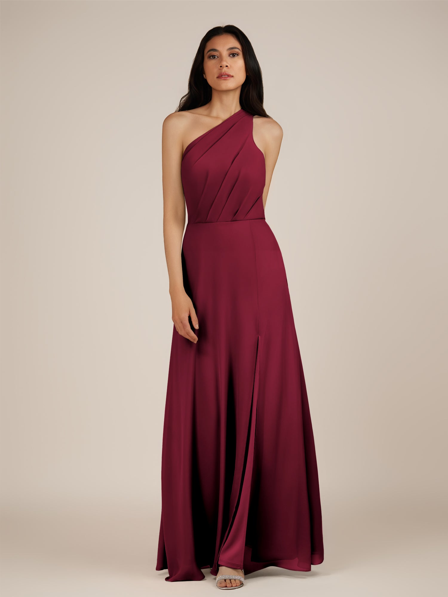 KissDress-Gaura Berry A Line Chiffon One Shoulder Pleated Long Bridesmaid Dress with Slit