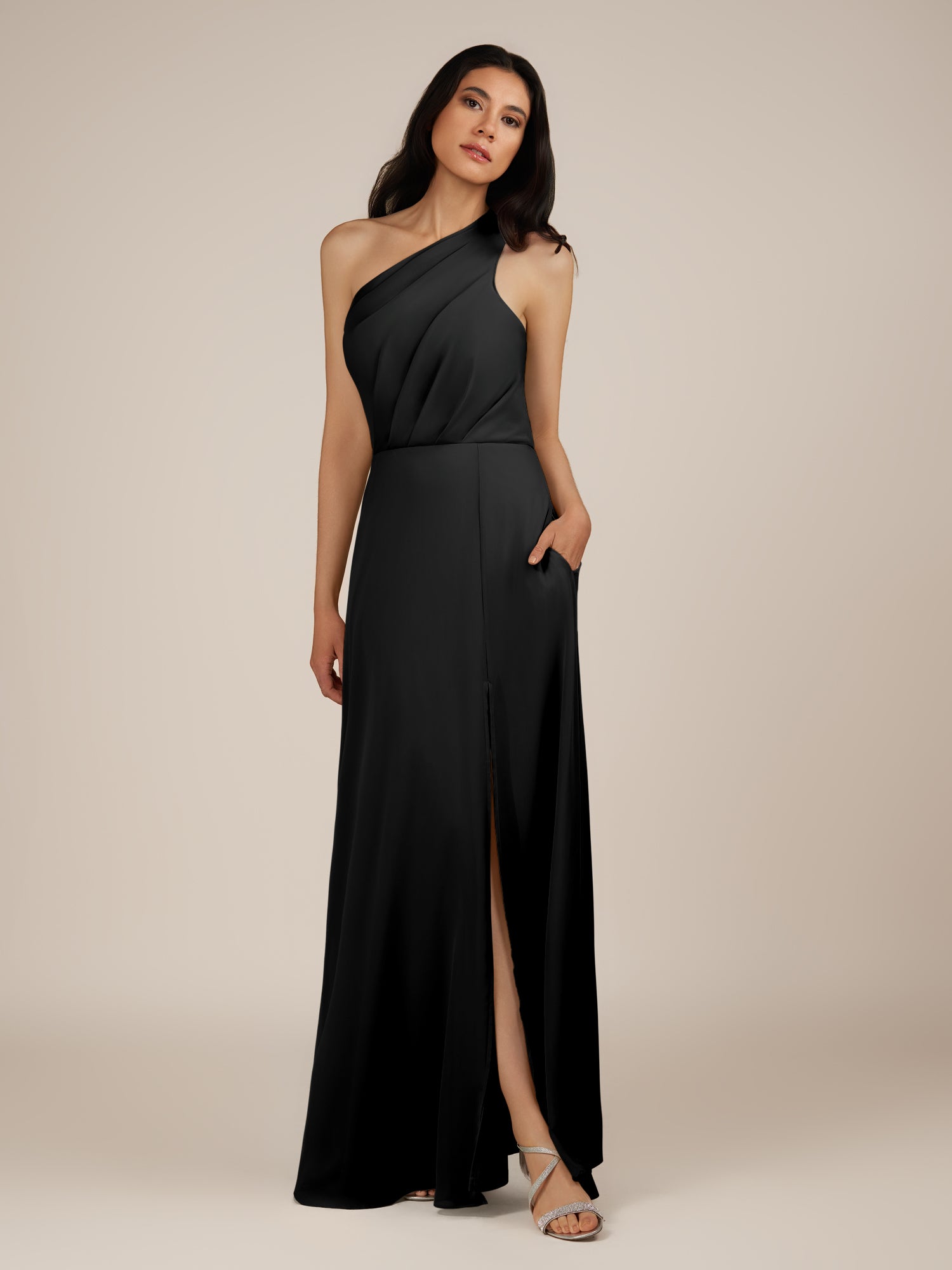 KissDress-Gaura Black A Line Chiffon One Shoulder Pleated Long Bridesmaid Dress with Slit