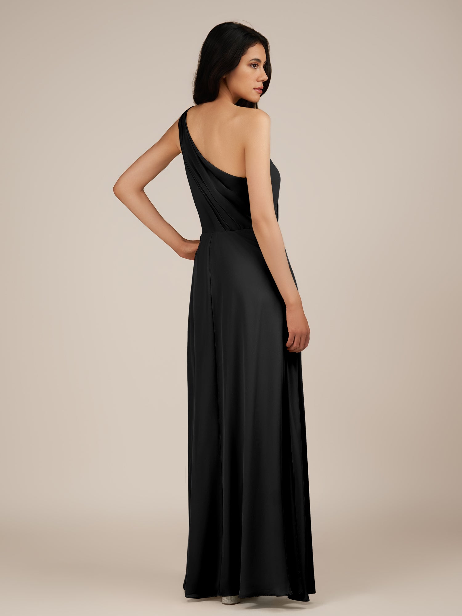 KissDress-Gaura Black A Line Chiffon One Shoulder Pleated Long Bridesmaid Dress with Slit