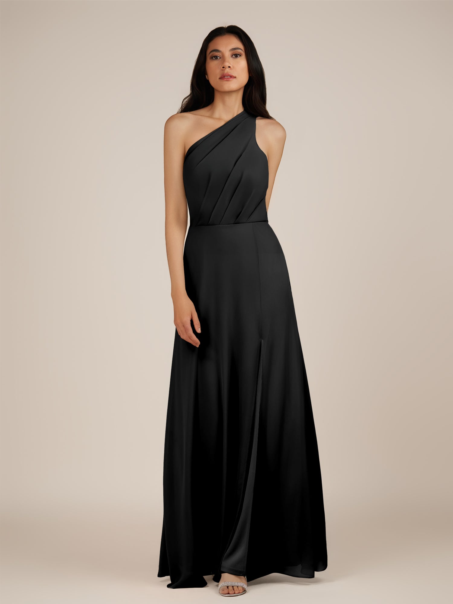 KissDress-Gaura Black A Line Chiffon One Shoulder Pleated Long Bridesmaid Dress with Slit