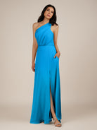 KissDress-Gaura Blue Jay A Line Chiffon One Shoulder Pleated Long Bridesmaid Dress with Slit