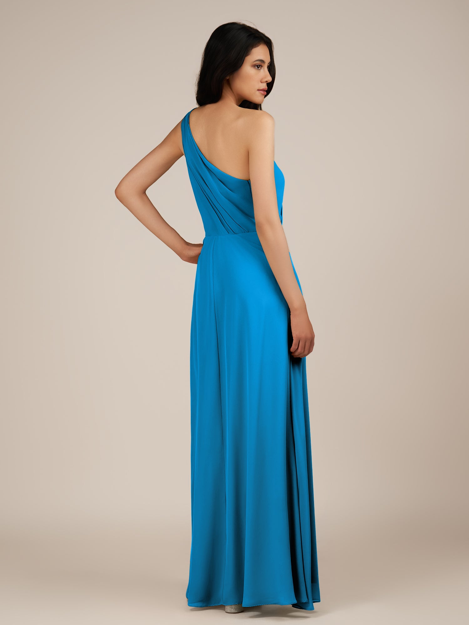 KissDress-Gaura Blue Jay A Line Chiffon One Shoulder Pleated Long Bridesmaid Dress with Slit