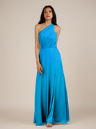 KissDress-Gaura Blue Jay A Line Chiffon One Shoulder Pleated Long Bridesmaid Dress with Slit