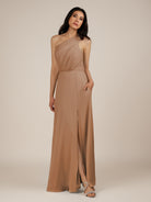 KissDress-Gaura Bronzer A Line Chiffon One Shoulder Pleated Long Bridesmaid Dress with Slit