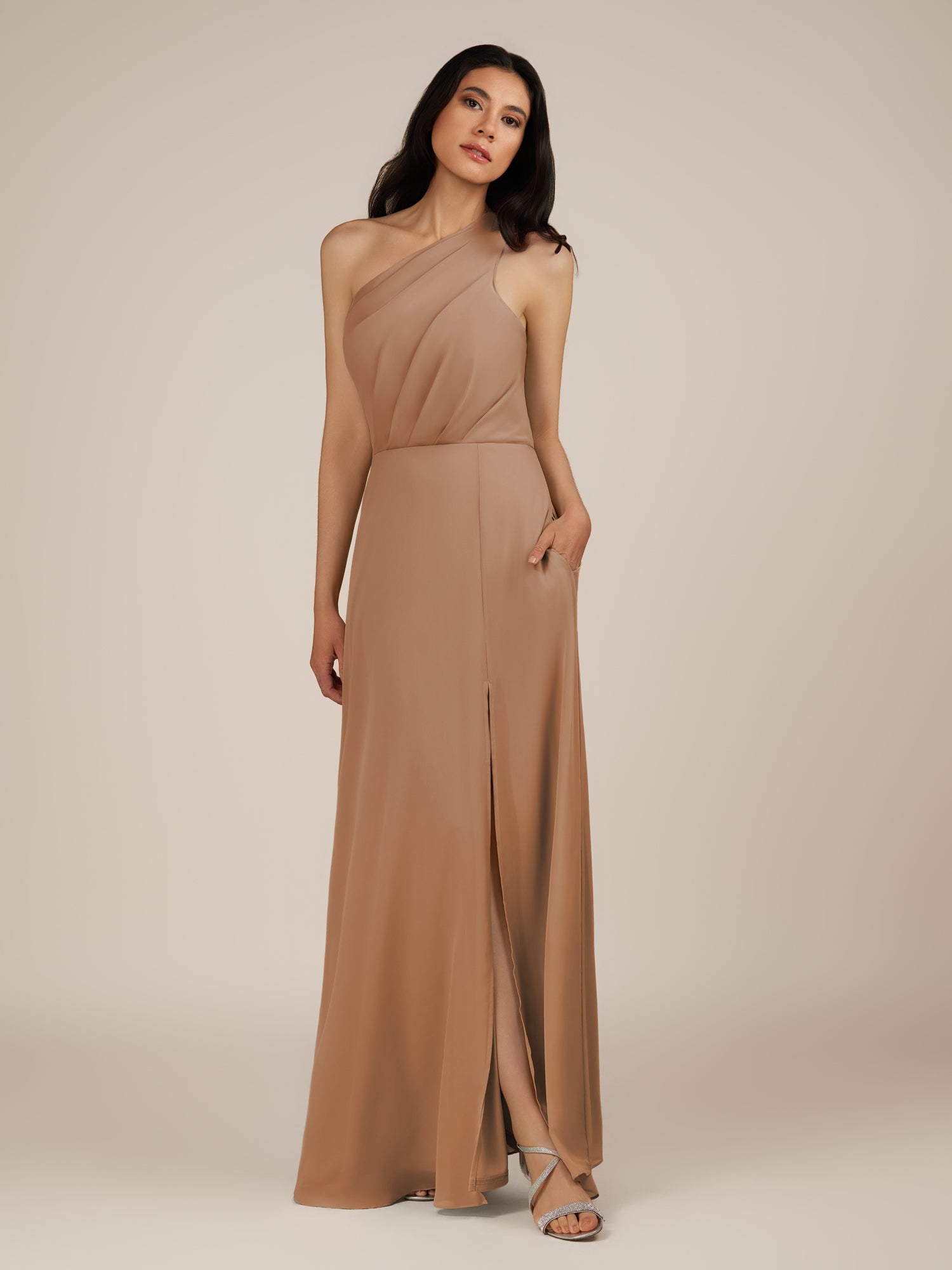 KissDress-Gaura Bronzer A Line Chiffon One Shoulder Pleated Long Bridesmaid Dress with Slit