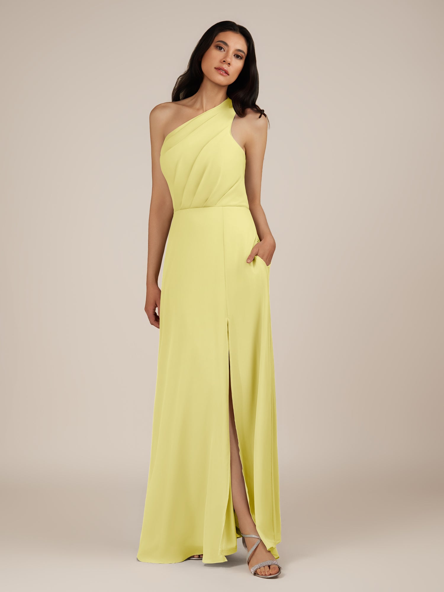 KissDress-Gaura Buttercup A Line Chiffon One Shoulder Pleated Long Bridesmaid Dress with Slit