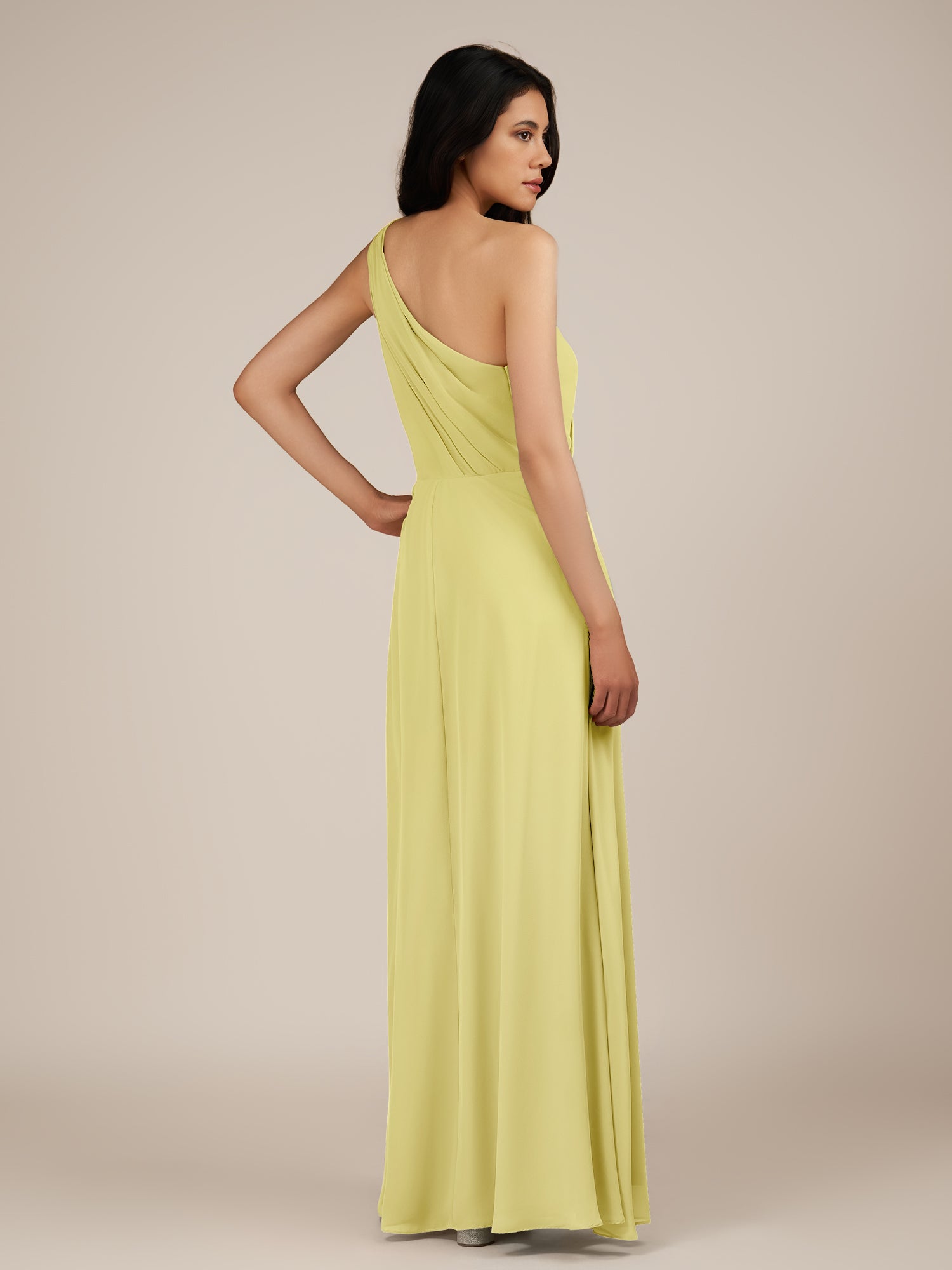 KissDress-Gaura Buttercup A Line Chiffon One Shoulder Pleated Long Bridesmaid Dress with Slit