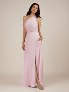 KissDress-Gaura Candy Pink A Line Chiffon One Shoulder Pleated Long Bridesmaid Dress with Slit