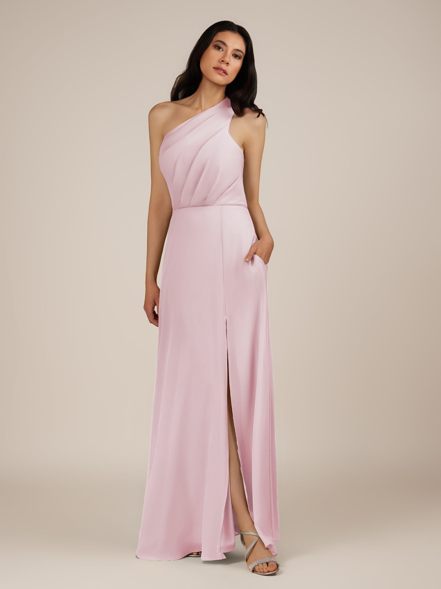 KissDress-Gaura Candy Pink A Line Chiffon One Shoulder Pleated Long Bridesmaid Dress with Slit