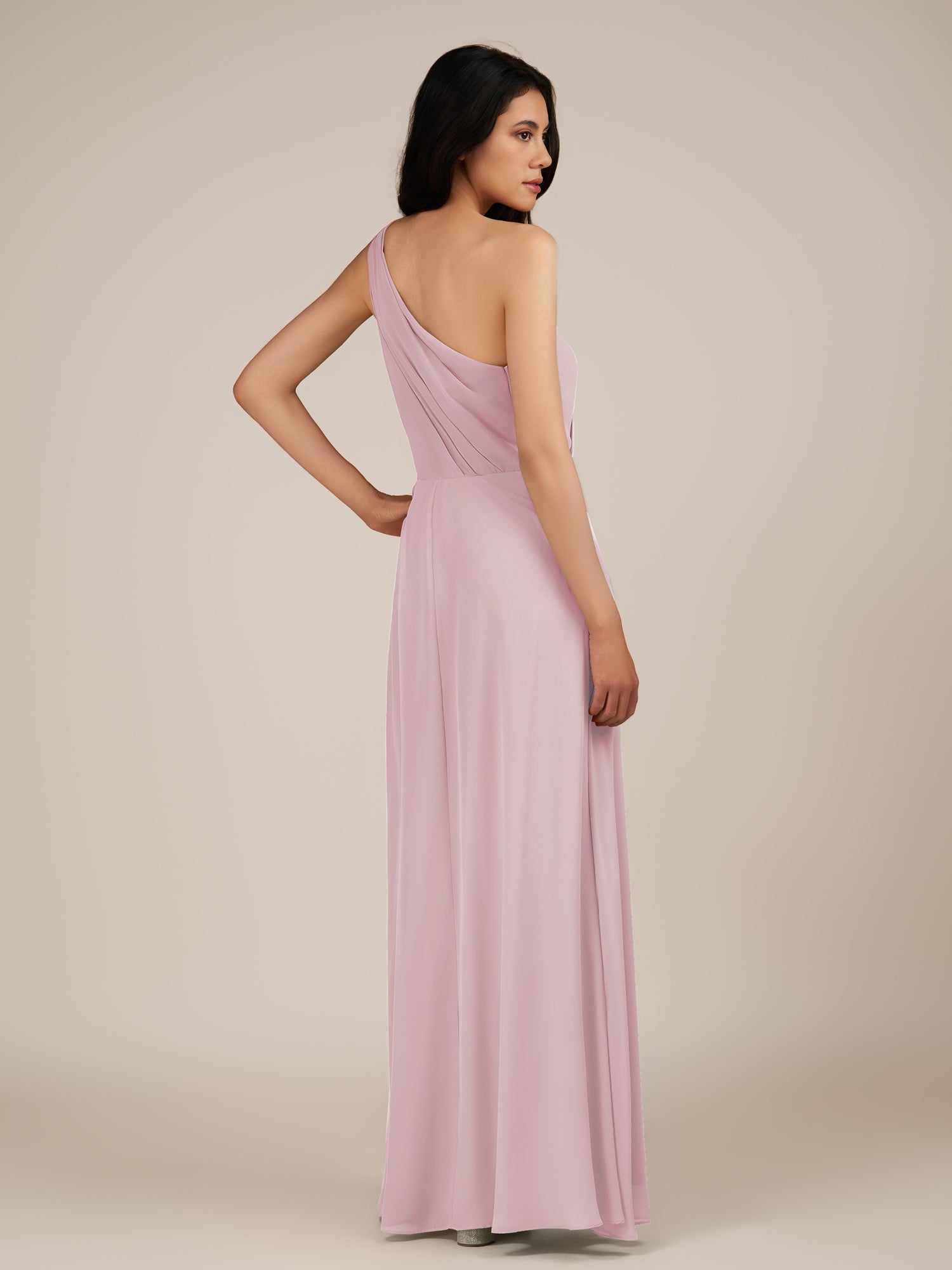 KissDress-Gaura Candy Pink A Line Chiffon One Shoulder Pleated Long Bridesmaid Dress with Slit