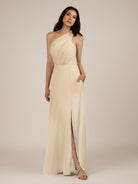 KissDress-Gaura Champagne A Line Chiffon One Shoulder Pleated Long Bridesmaid Dress with Slit