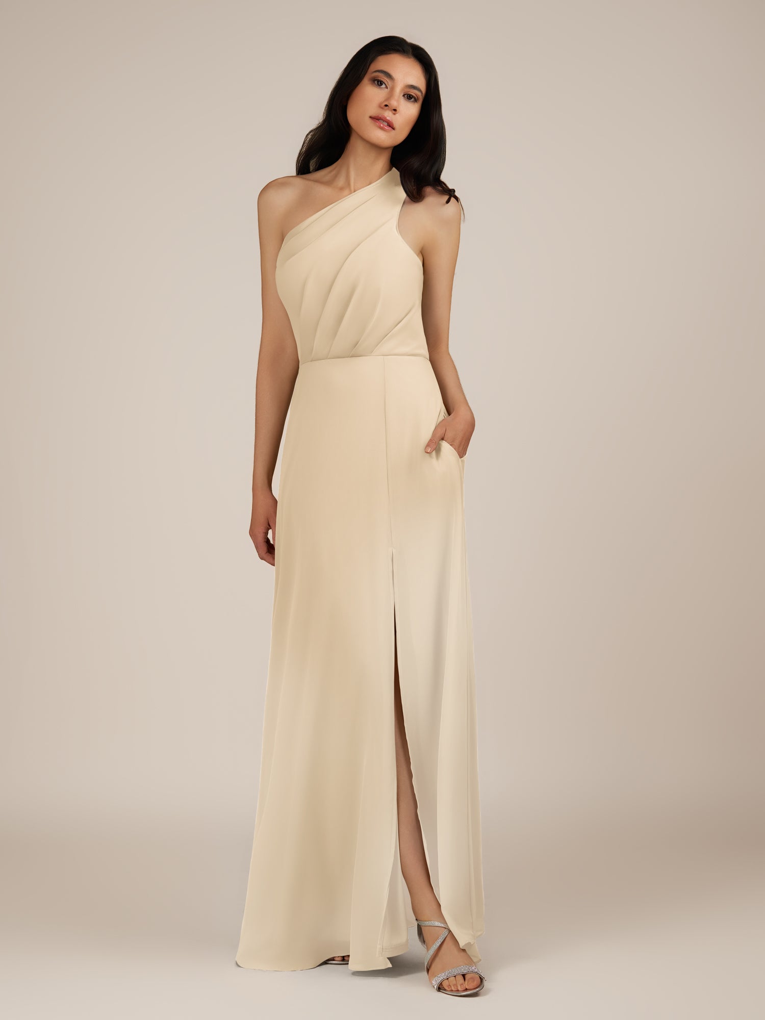 KissDress-Gaura Champagne A Line Chiffon One Shoulder Pleated Long Bridesmaid Dress with Slit