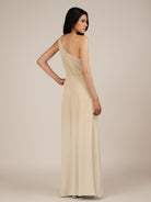KissDress-Gaura Champagne A Line Chiffon One Shoulder Pleated Long Bridesmaid Dress with Slit
