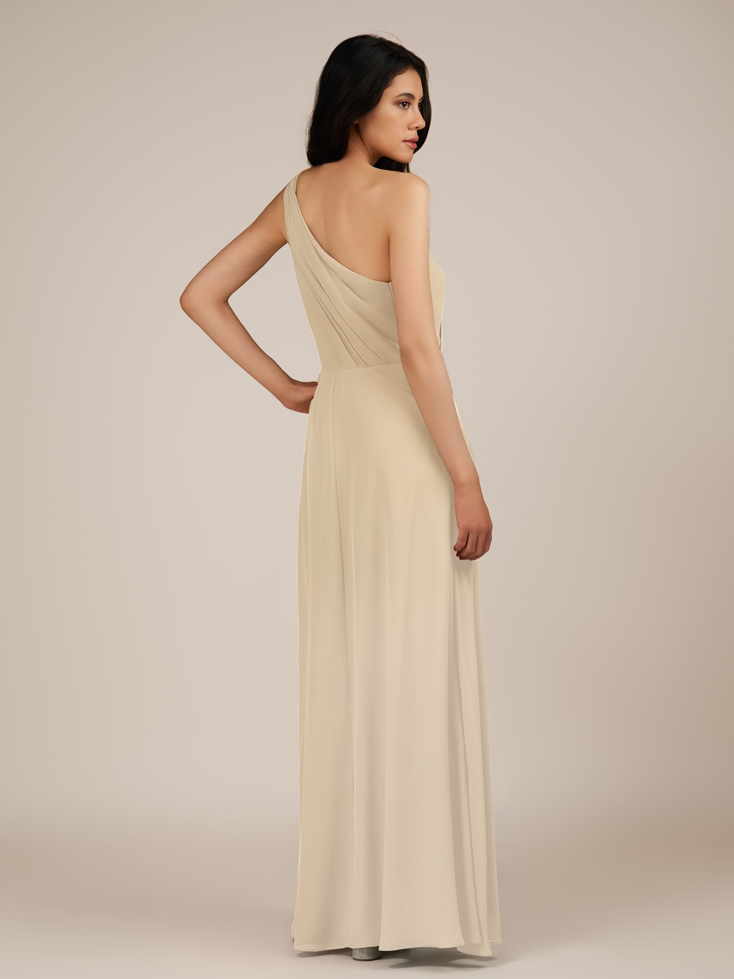 KissDress-Gaura Champagne A Line Chiffon One Shoulder Pleated Long Bridesmaid Dress with Slit