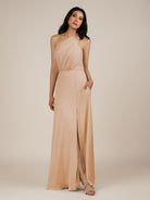 KissDress-Gaura Champagne Rose A Line Chiffon One Shoulder Pleated Long Bridesmaid Dress with Slit