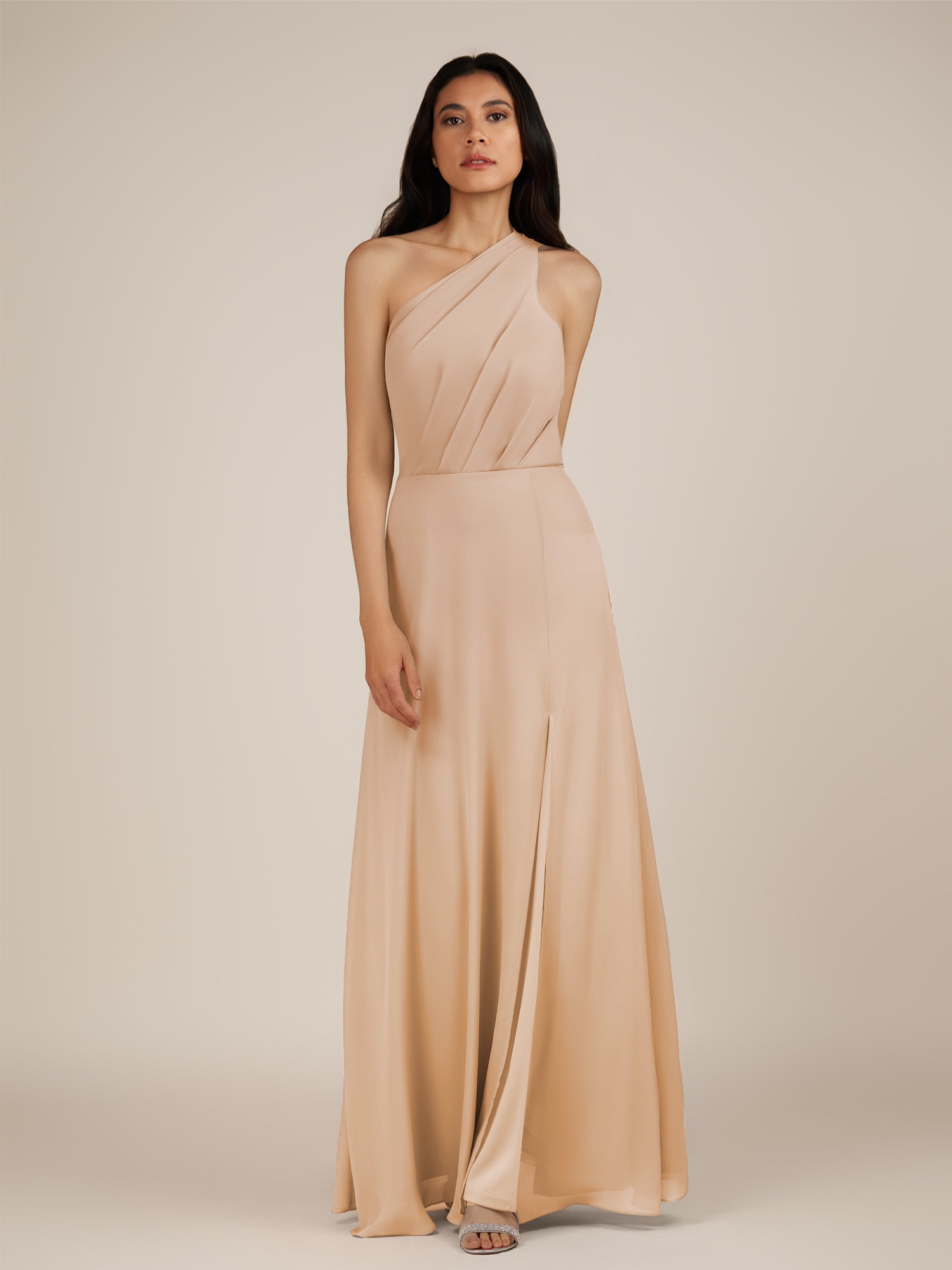 KissDress-Gaura Champagne Rose A Line Chiffon One Shoulder Pleated Long Bridesmaid Dress with Slit