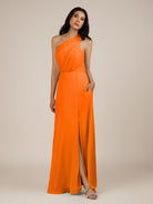 KissDress-Gaura Cinnamon A Line Chiffon One Shoulder Pleated Long Bridesmaid Dress with Slit