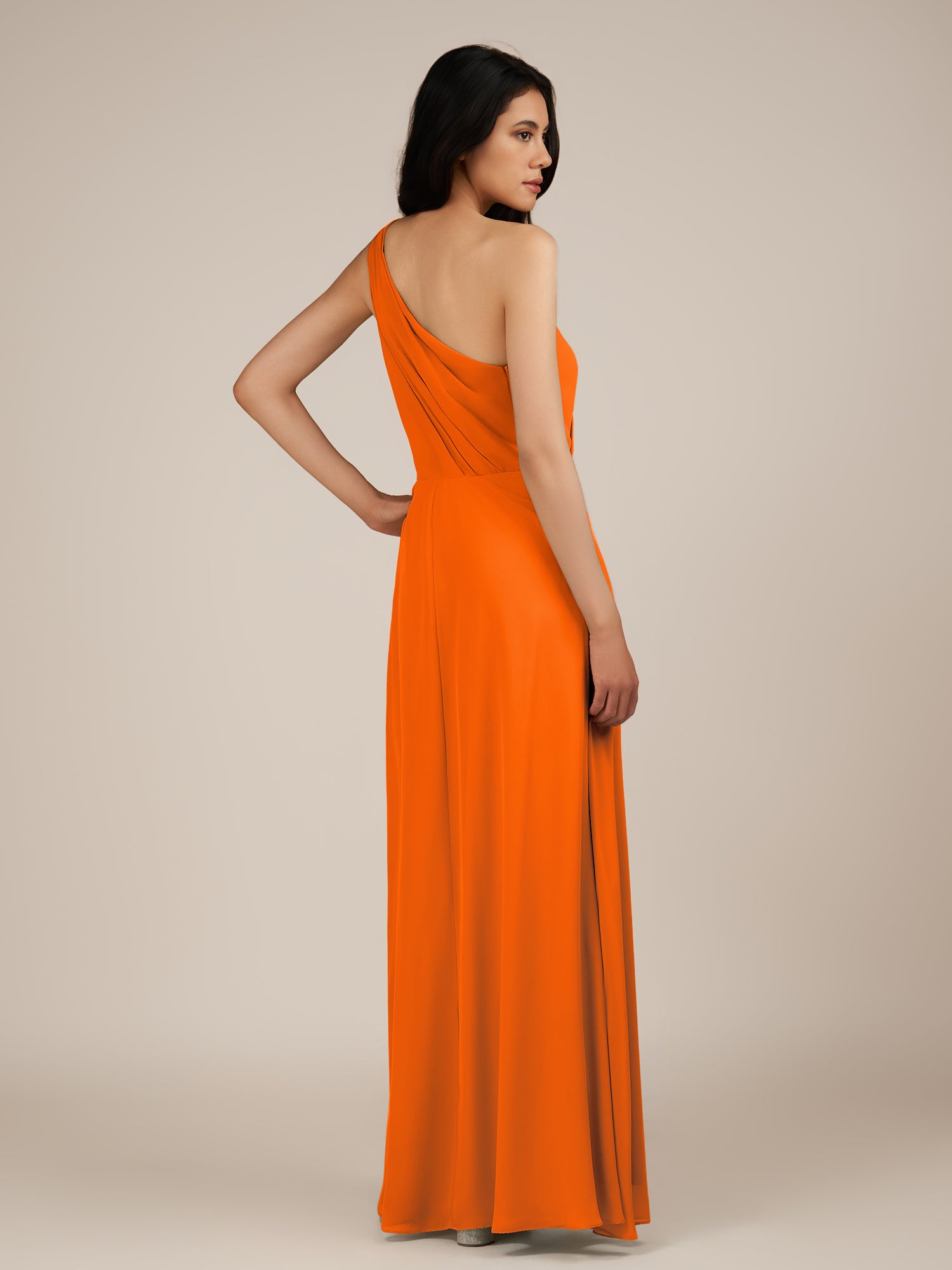 KissDress-Gaura Cinnamon A Line Chiffon One Shoulder Pleated Long Bridesmaid Dress with Slit