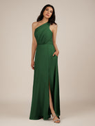 KissDress-Gaura Dark Green A Line Chiffon One Shoulder Pleated Long Bridesmaid Dress with Slit