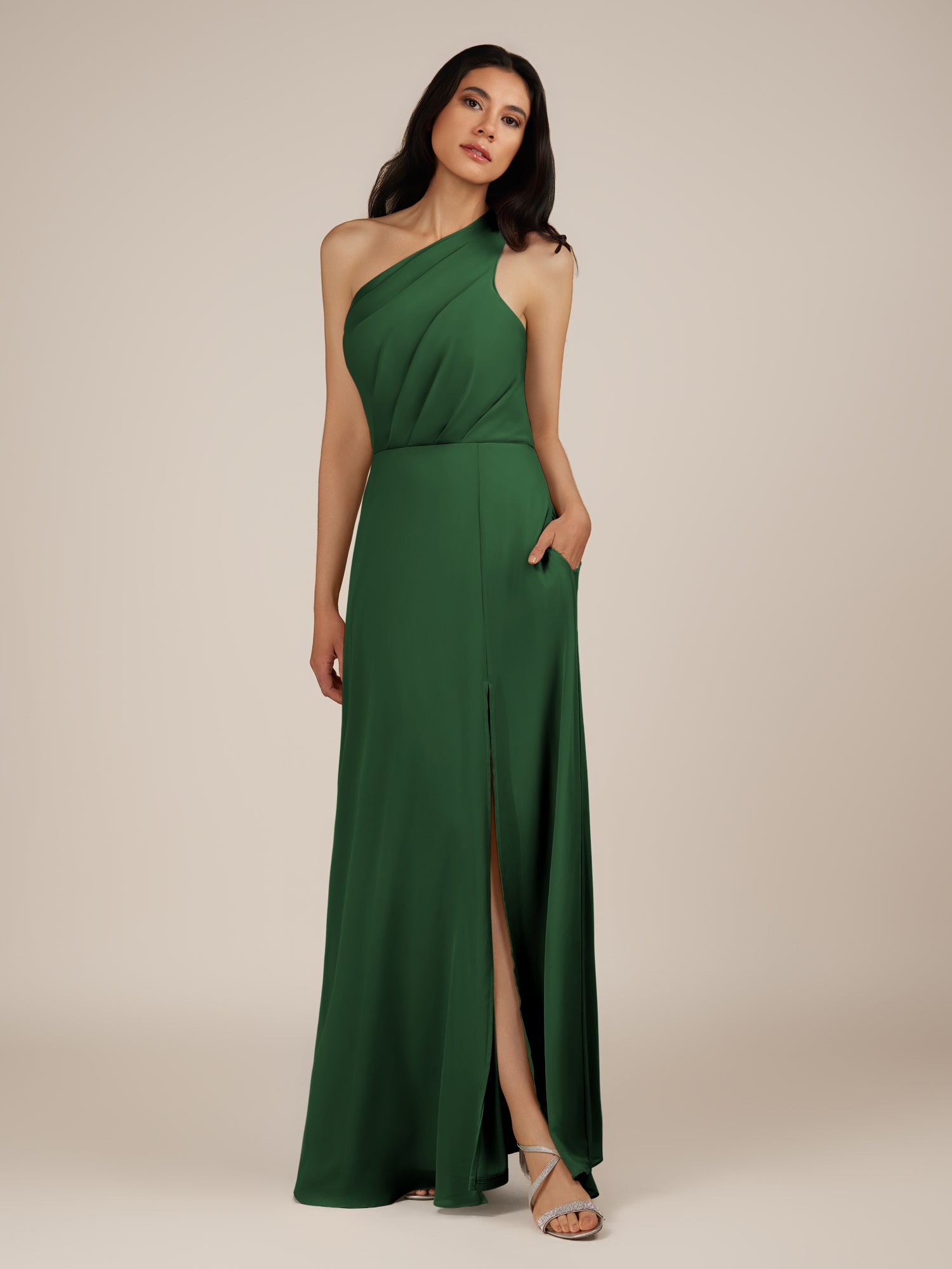 KissDress-Gaura Dark Green A Line Chiffon One Shoulder Pleated Long Bridesmaid Dress with Slit