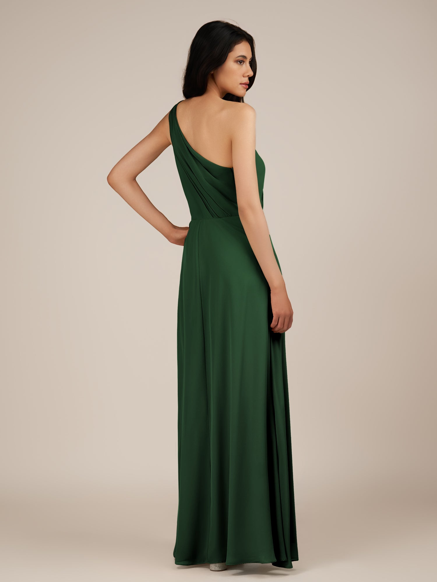 KissDress-Gaura Dark Green A Line Chiffon One Shoulder Pleated Long Bridesmaid Dress with Slit