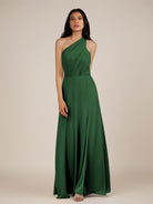 KissDress-Gaura Dark Green A Line Chiffon One Shoulder Pleated Long Bridesmaid Dress with Slit