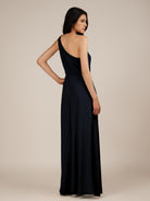 KissDress-Gaura Dark Navy A Line Chiffon One Shoulder Pleated Long Bridesmaid Dress with Slit