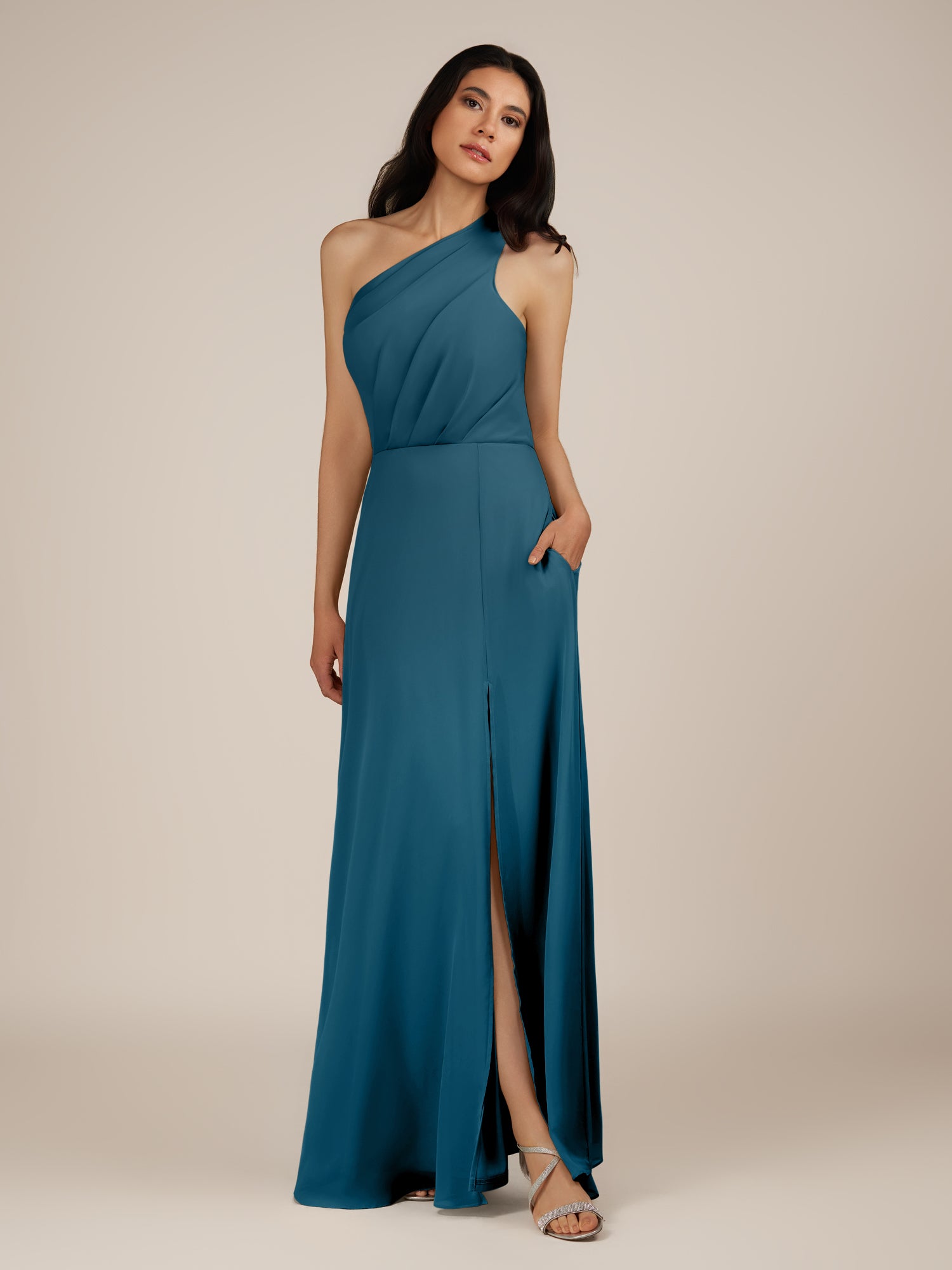 KissDress-Gaura Dark Teal A Line Chiffon One Shoulder Pleated Long Bridesmaid Dress with Slit