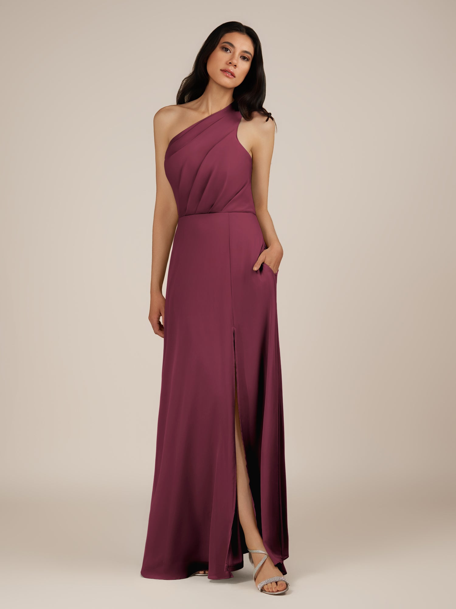 KissDress-Gaura Desert Rose A Line Chiffon One Shoulder Pleated Long Bridesmaid Dress with Slit