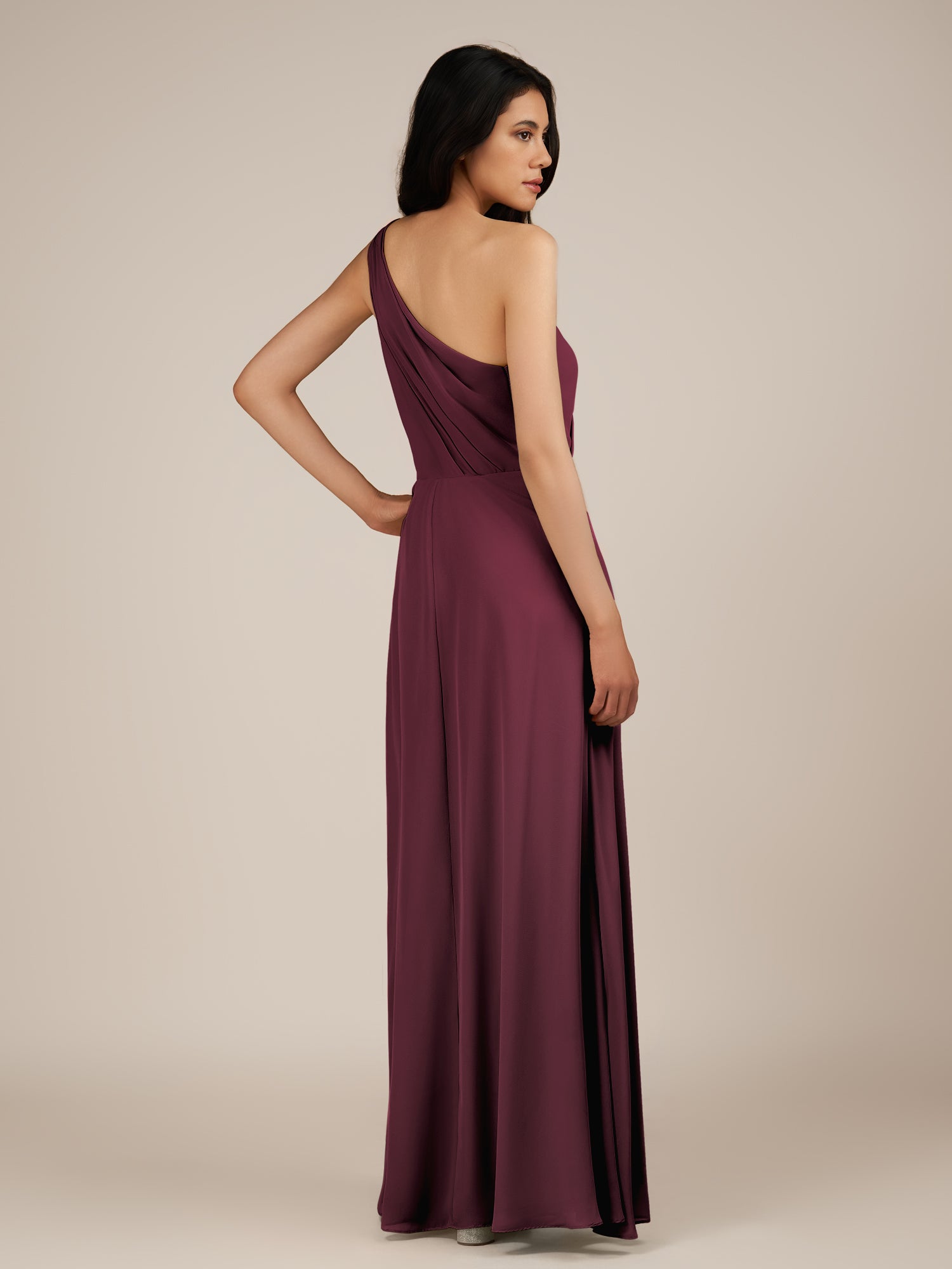 KissDress-Gaura Desert Rose A Line Chiffon One Shoulder Pleated Long Bridesmaid Dress with Slit