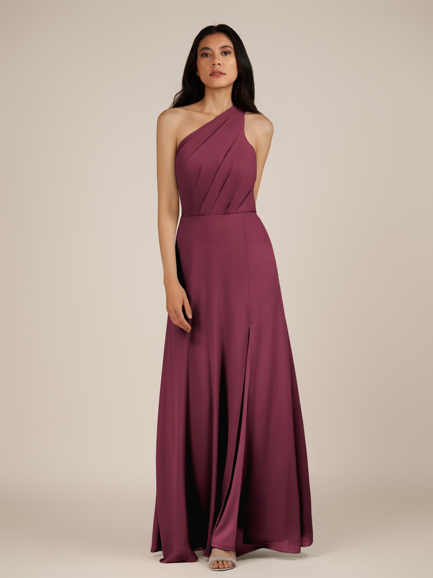 KissDress-Gaura Desert Rose A Line Chiffon One Shoulder Pleated Long Bridesmaid Dress with Slit