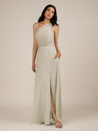 KissDress-Gaura Dove Gray A Line Chiffon One Shoulder Pleated Long Bridesmaid Dress with Slit