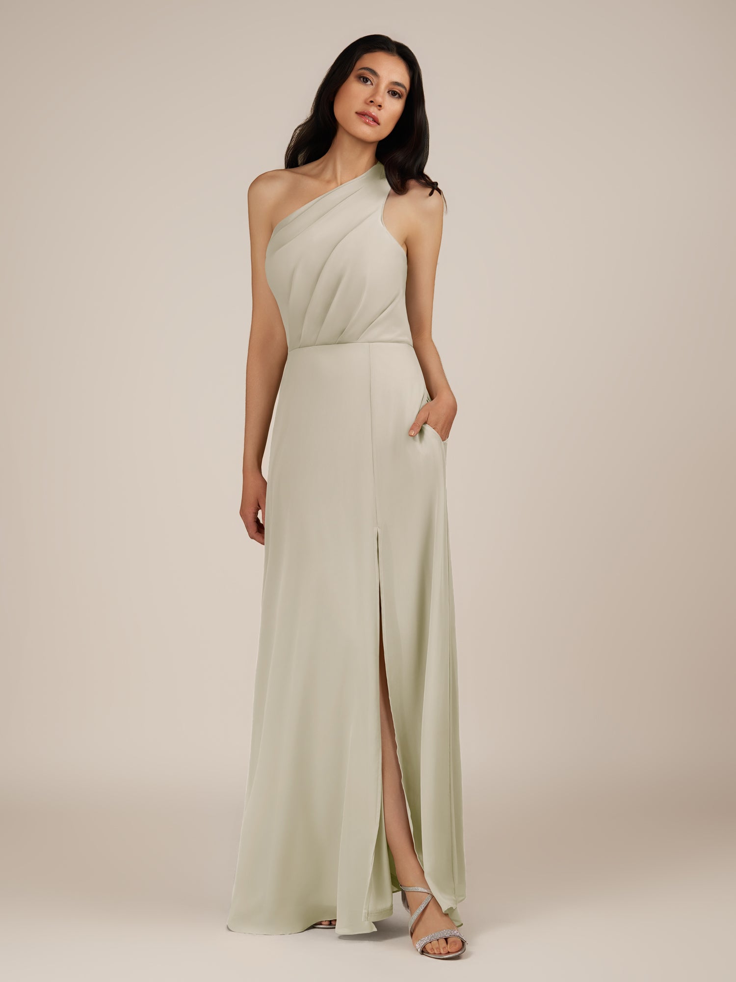 KissDress-Gaura Dove Gray A Line Chiffon One Shoulder Pleated Long Bridesmaid Dress with Slit