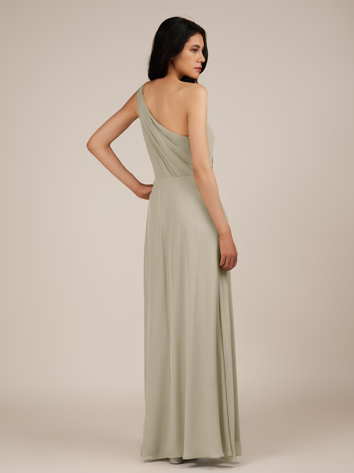 KissDress-Gaura Dove Gray A Line Chiffon One Shoulder Pleated Long Bridesmaid Dress with Slit