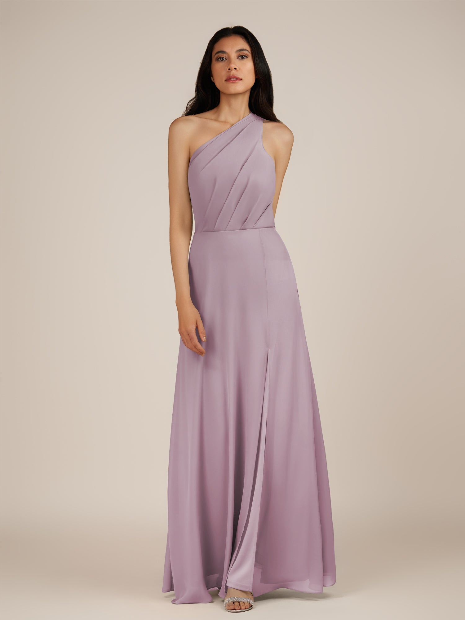 KissDress-Gaura Dusk A Line Chiffon One Shoulder Pleated Long Bridesmaid Dress with Slit