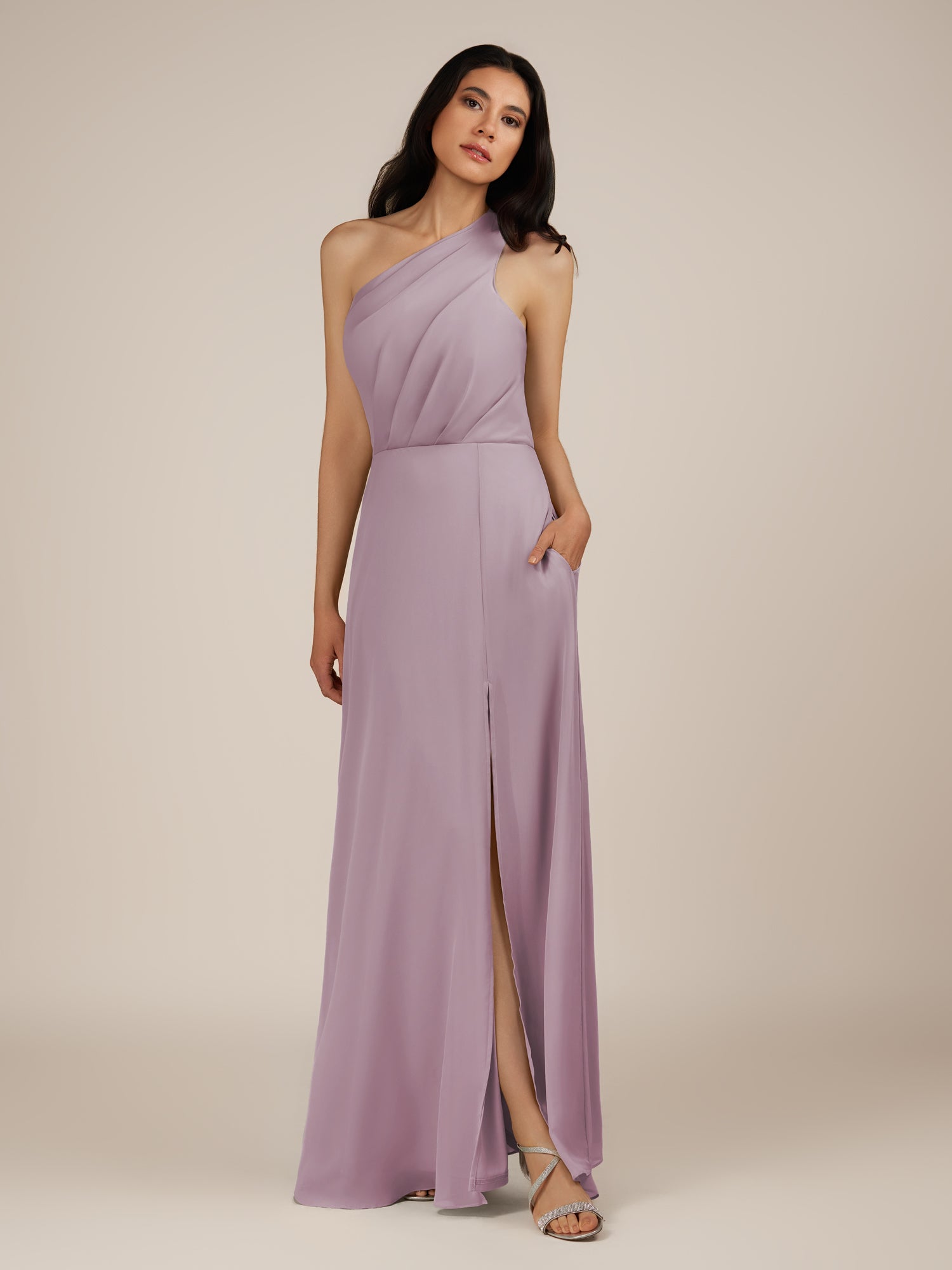 KissDress-Gaura Dusk A Line Chiffon One Shoulder Pleated Long Bridesmaid Dress with Slit