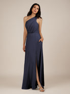 KissDress-Gaura Dusk Blue A Line Chiffon One Shoulder Pleated Long Bridesmaid Dress with Slit