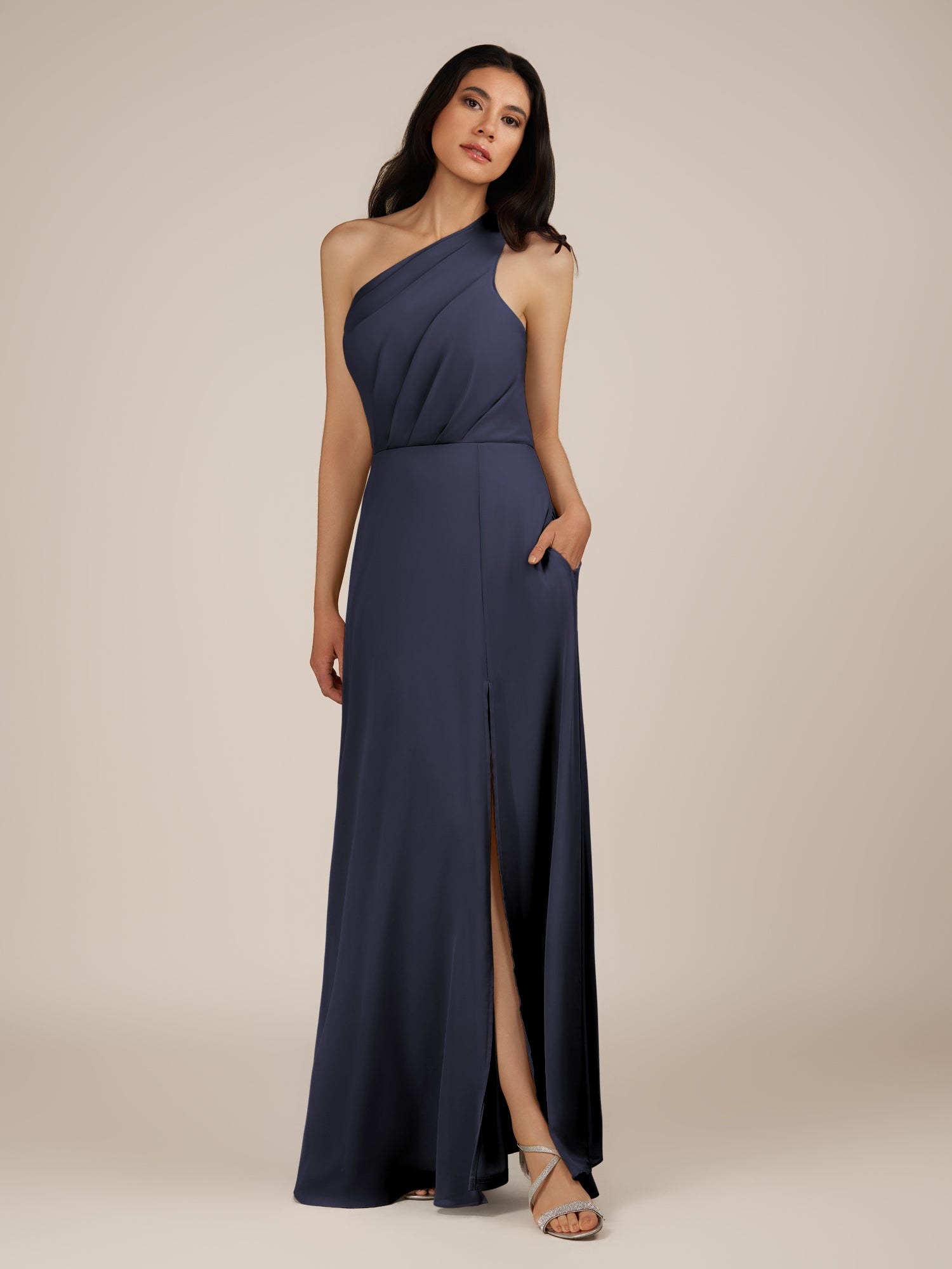 KissDress-Gaura Dusk Blue A Line Chiffon One Shoulder Pleated Long Bridesmaid Dress with Slit