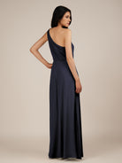 KissDress-Gaura Dusk Blue A Line Chiffon One Shoulder Pleated Long Bridesmaid Dress with Slit