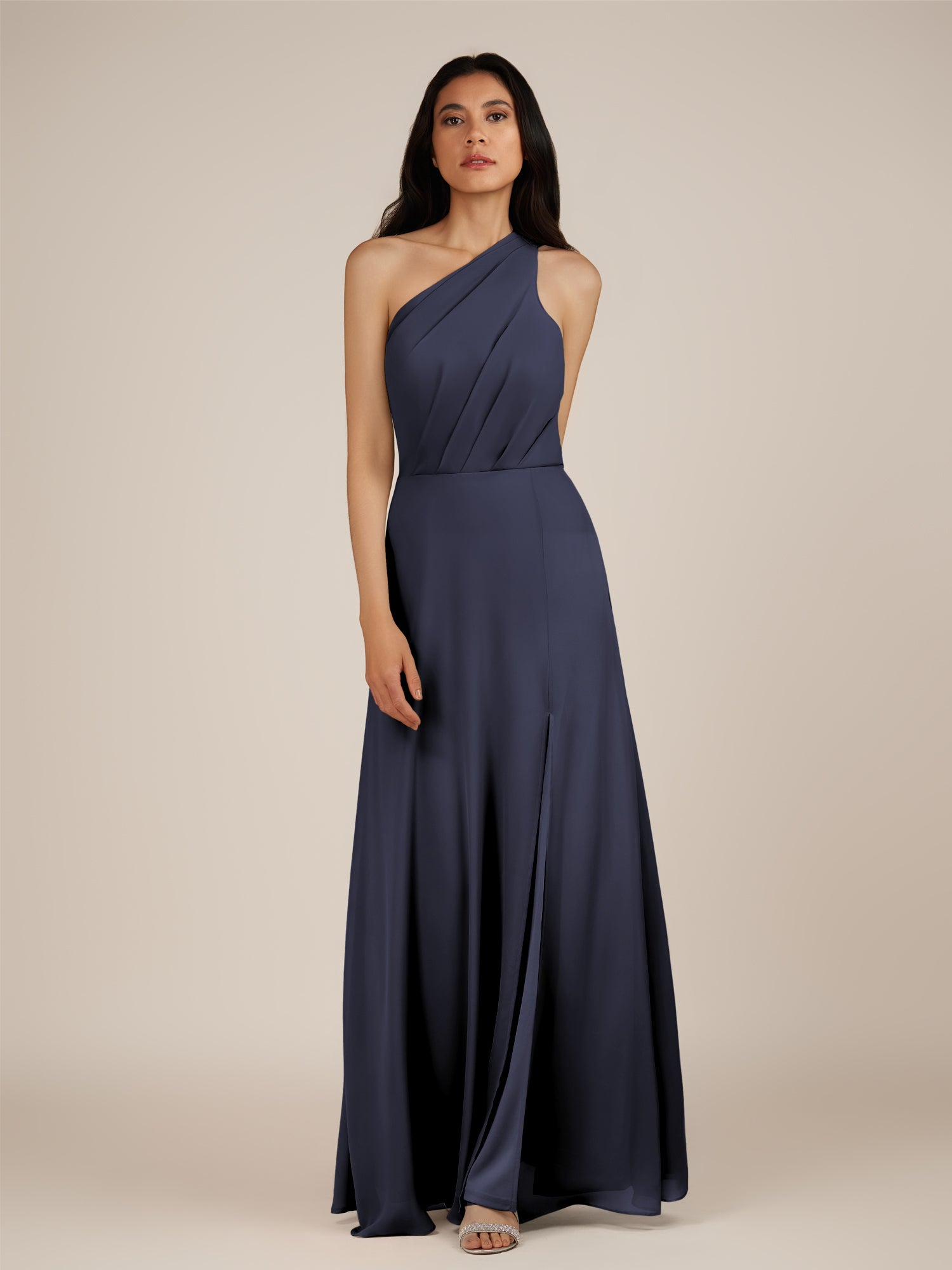 KissDress-Gaura Dusk Blue A Line Chiffon One Shoulder Pleated Long Bridesmaid Dress with Slit