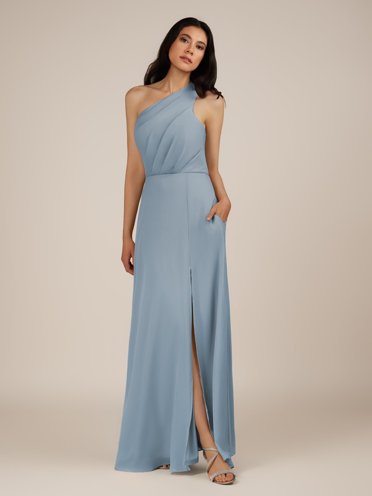 KissDress-Gaura Dusty Blue A Line Chiffon One Shoulder Pleated Long Bridesmaid Dress with Slit