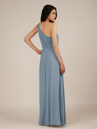 KissDress-Gaura Dusty Blue A Line Chiffon One Shoulder Pleated Long Bridesmaid Dress with Slit