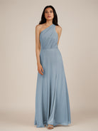 KissDress-Gaura Dusty Blue A Line Chiffon One Shoulder Pleated Long Bridesmaid Dress with Slit