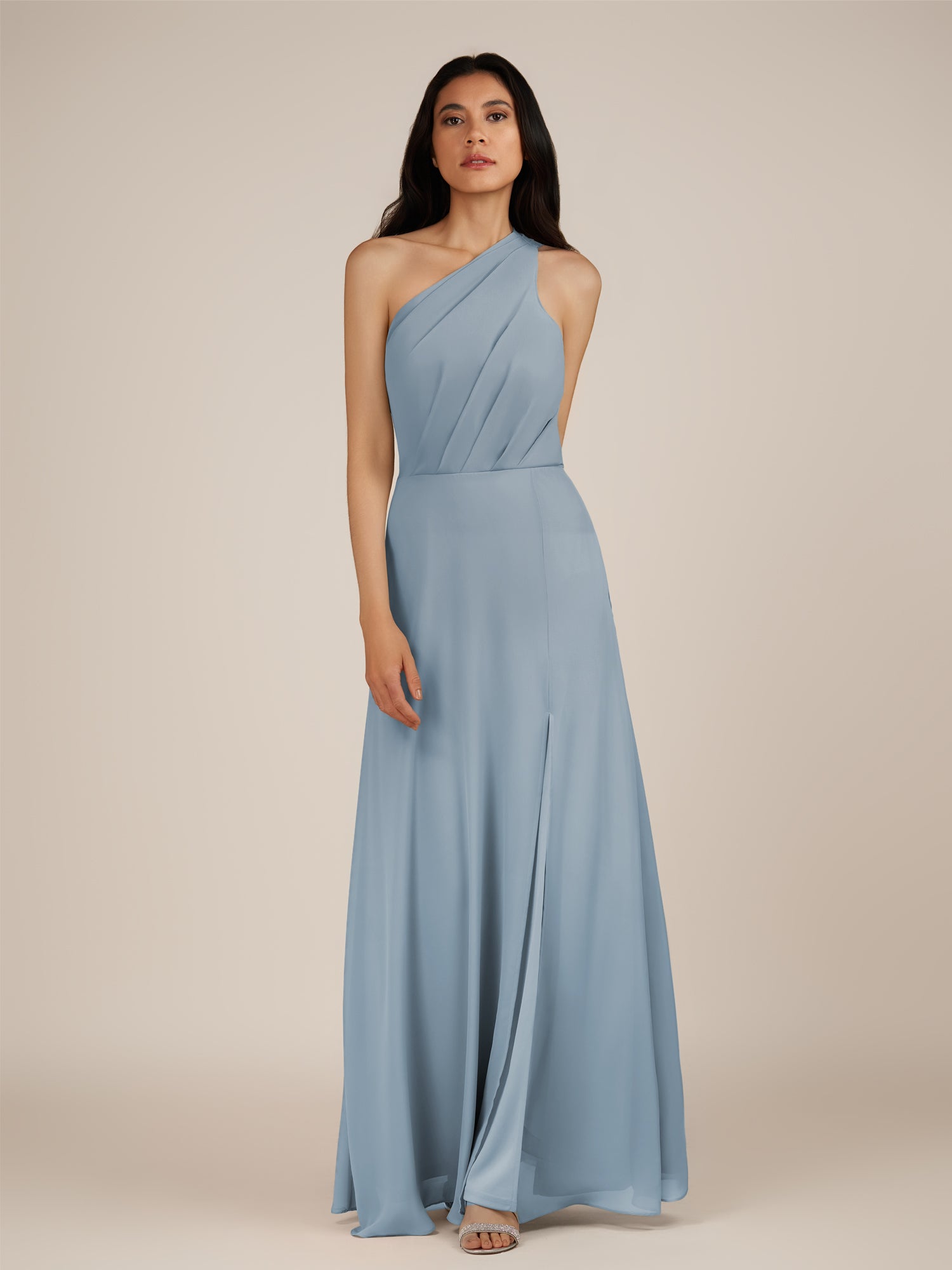 KissDress-Gaura Dusty Blue A Line Chiffon One Shoulder Pleated Long Bridesmaid Dress with Slit